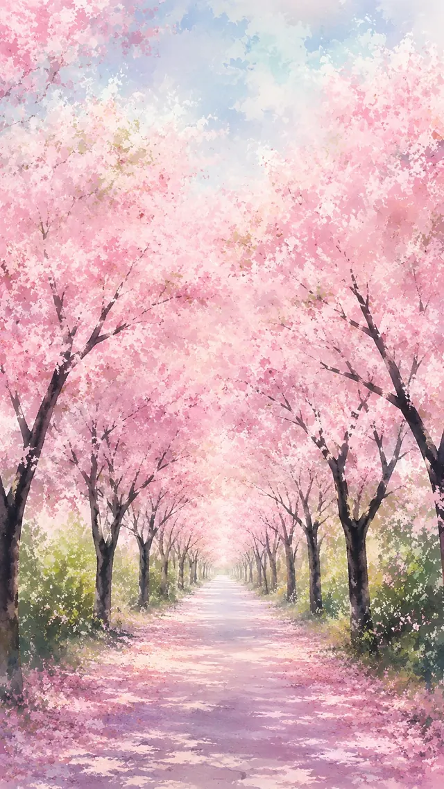 桜の小道の水彩画