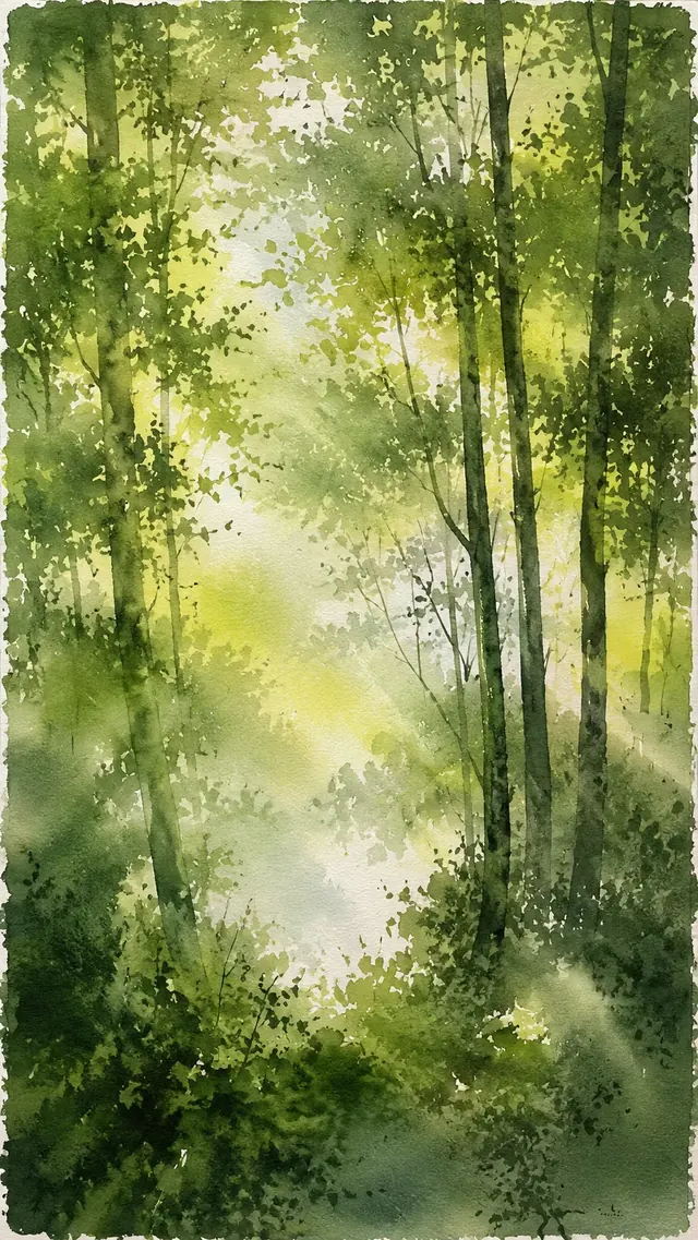 林の木漏れ日の水彩画